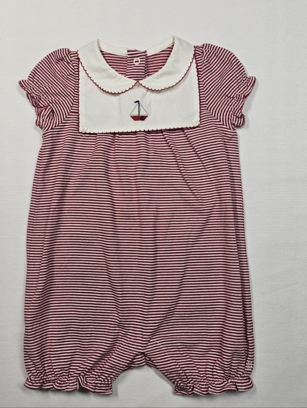 Janie and Jack red striped romper with boat embroidery